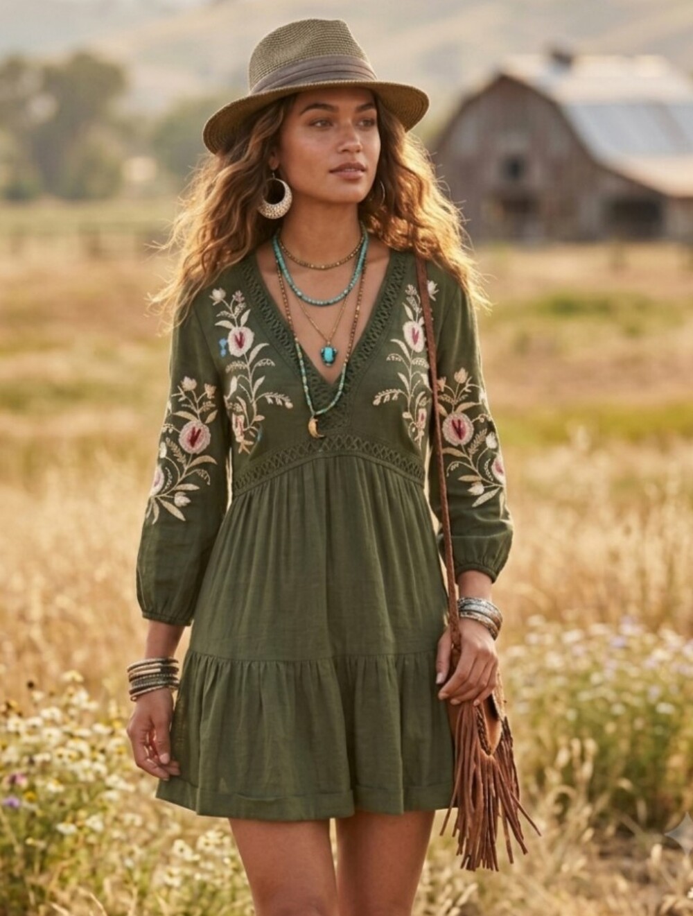 Embroidered Olive V-Neck Tiered Mini Dress